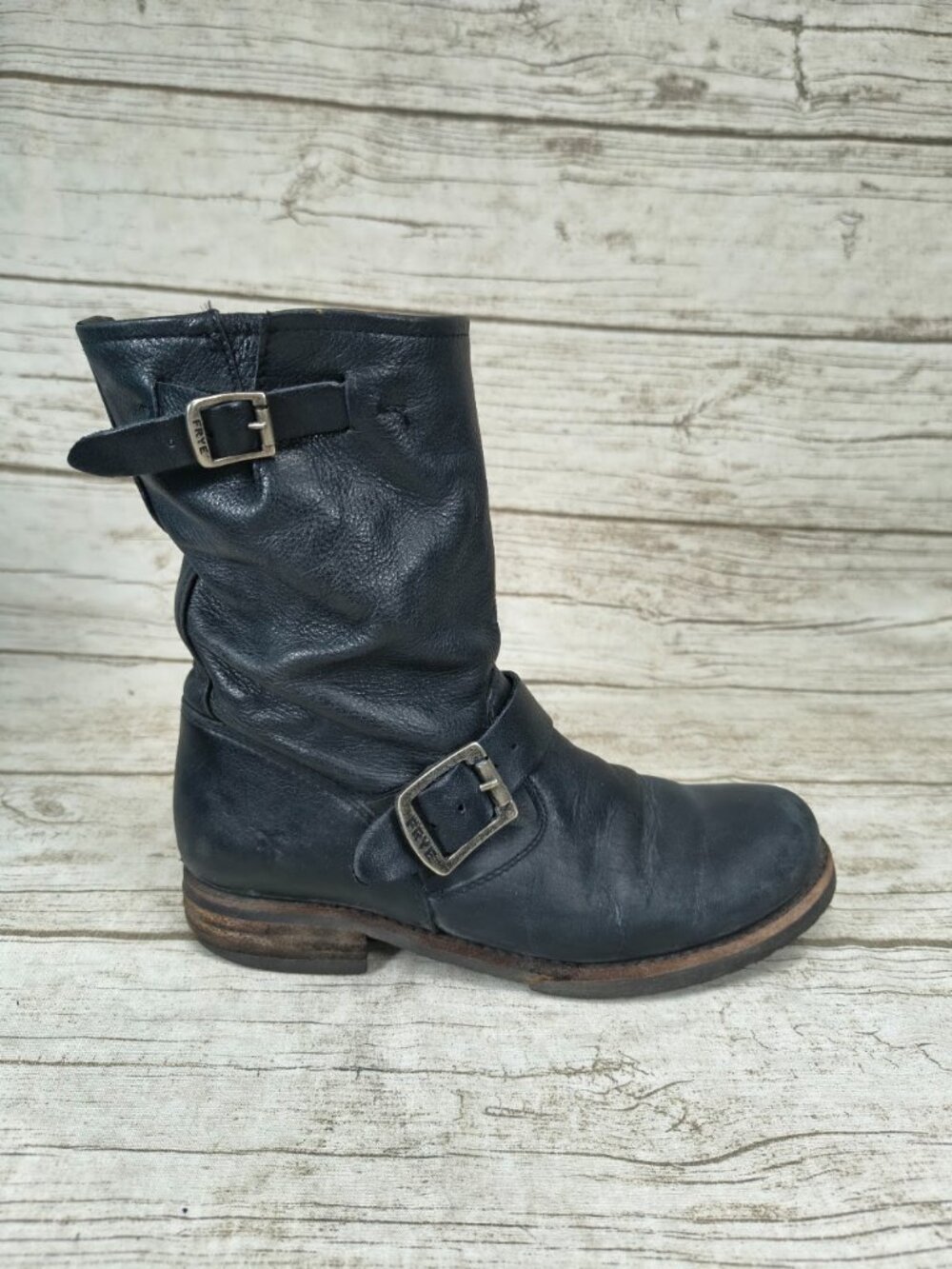 Frye Black Leather Engineer Moto Boots Size 6 B Women